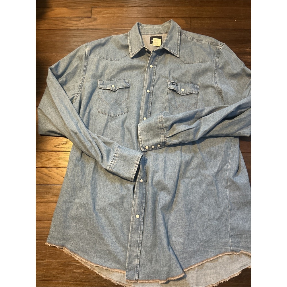 Wrangler Mens Light Wash Denim Western Shirt Long Sleeve Pearl Snap Size 2XT